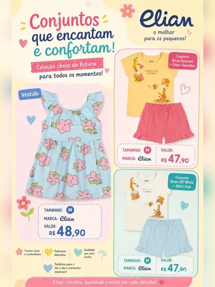 Arte da coleção Elian: vestido floral azul e dois conjuntos de blusa e short, com tamanho M e preços