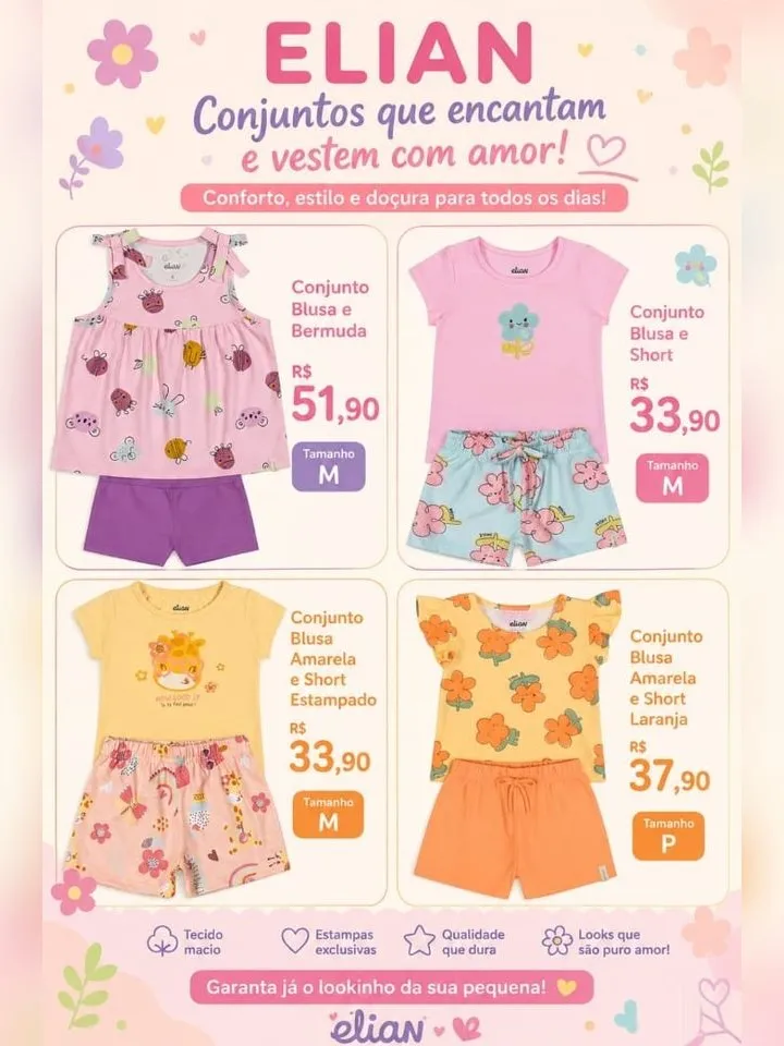 Arte da coleção Elian: quatro conjuntos de blusa e short, com tamanhos e preços
