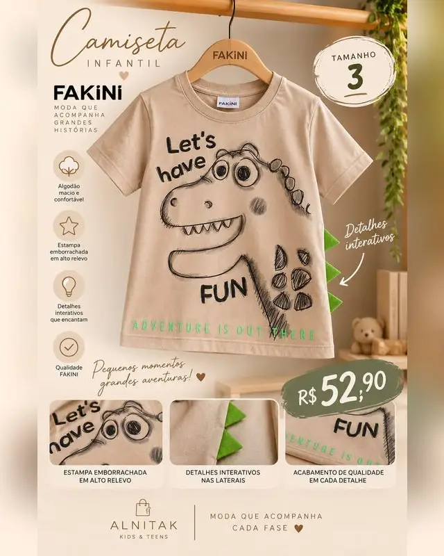 Camiseta Fakini dinossauro "Let's have fun"
