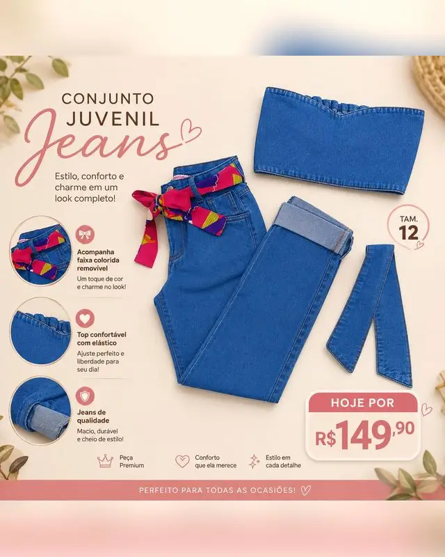 Conjunto juvenil jeans com faixa colorida