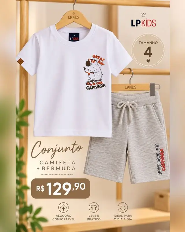 Conjunto LP Kids camiseta Capivara e bermuda cinza