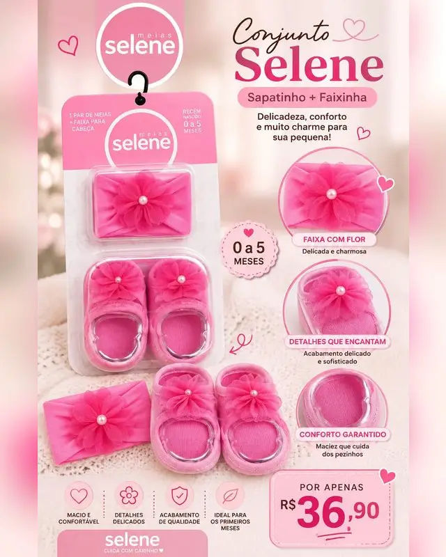 Conjunto Selene sapatinho e faixinha rosa