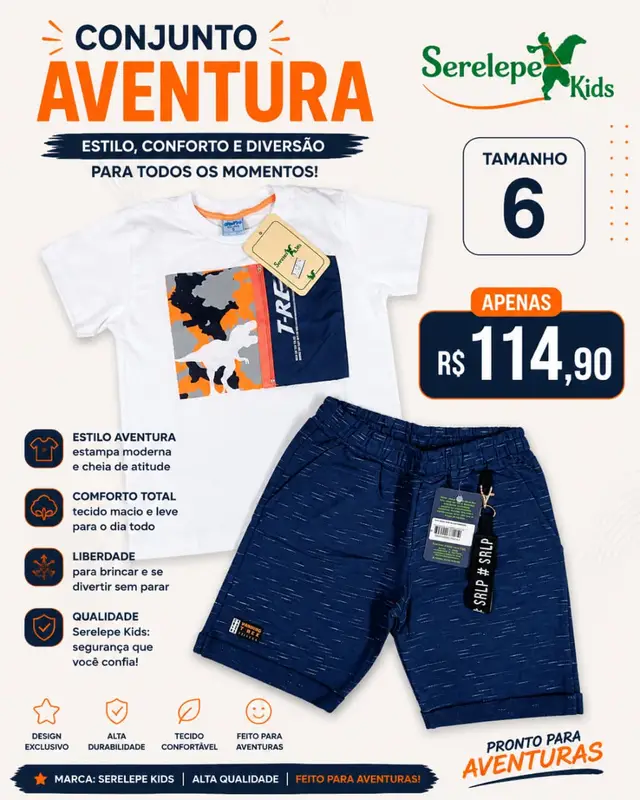 Conjunto Aventura Serelepe Kids, bermuda mescla