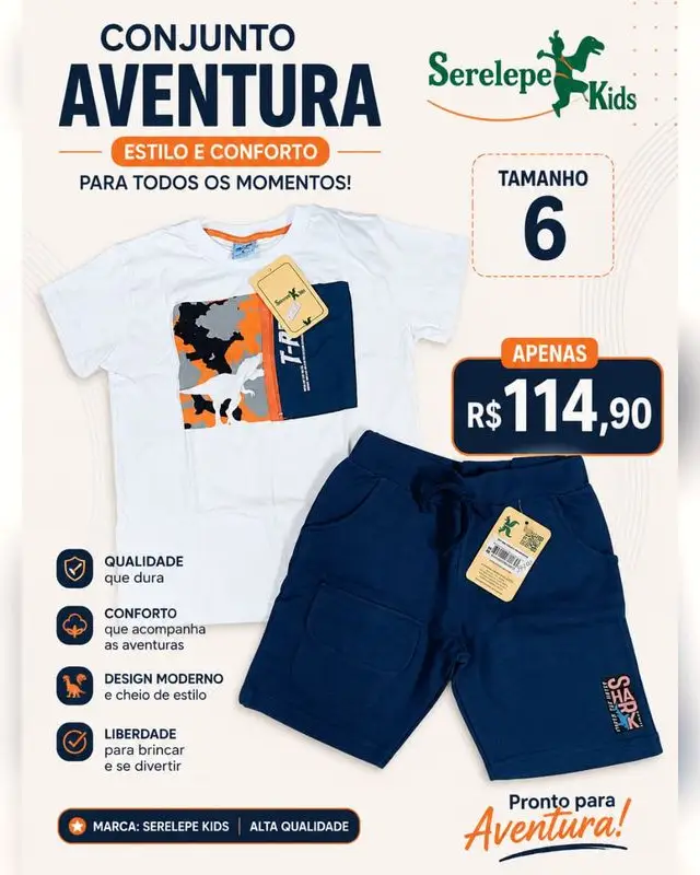 Conjunto Aventura Serelepe Kids, bermuda Shark